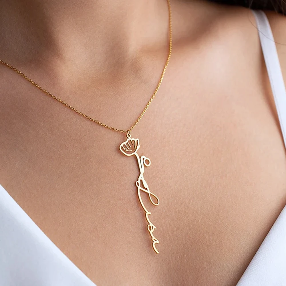 Nazwa własna naszyjnik kwiatowy z naszyjnikiem Birthstone dla kobiet spersonalizowana biżuteria ze stali nierdzewnej Choker prezent urodzinowy