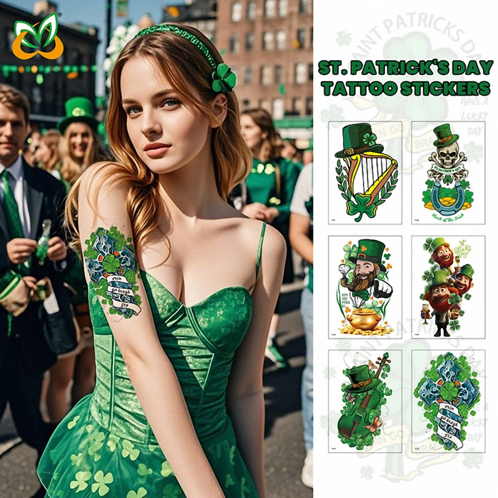 

Disposable St. Patrick's Day Tattoo Stickers 1pcs Irish National Day Party Green Flower Arm Tattoo Sticker for Men and Women