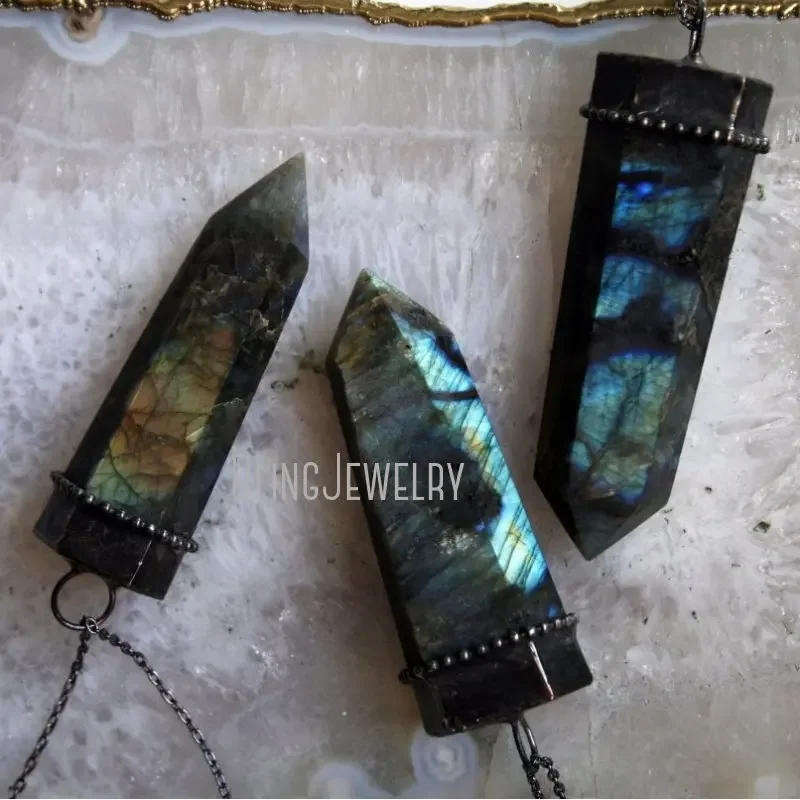 10pcs Labradorite Crystal Point Talisman Witch Wicca Goth Gothic Necklace Women Boho Pendulum Obelisk Stone Statement Jewelry