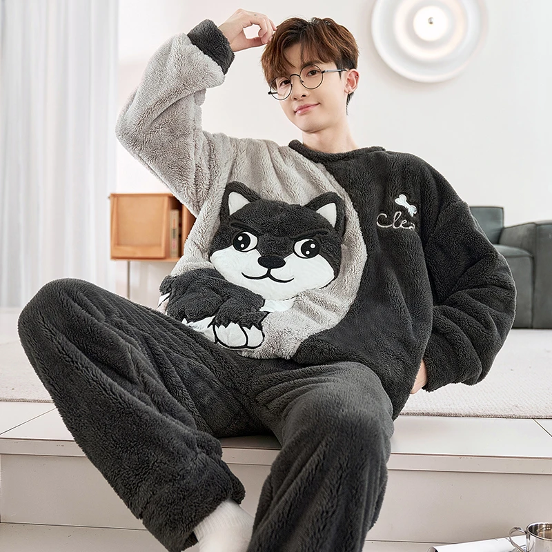 Siberian Husky Men Pajamas Set Adult Sleepwear Winter Thicken Pyjamas Homewear Coral Velvet Soft Warm Leisure Loungewear Pijamas