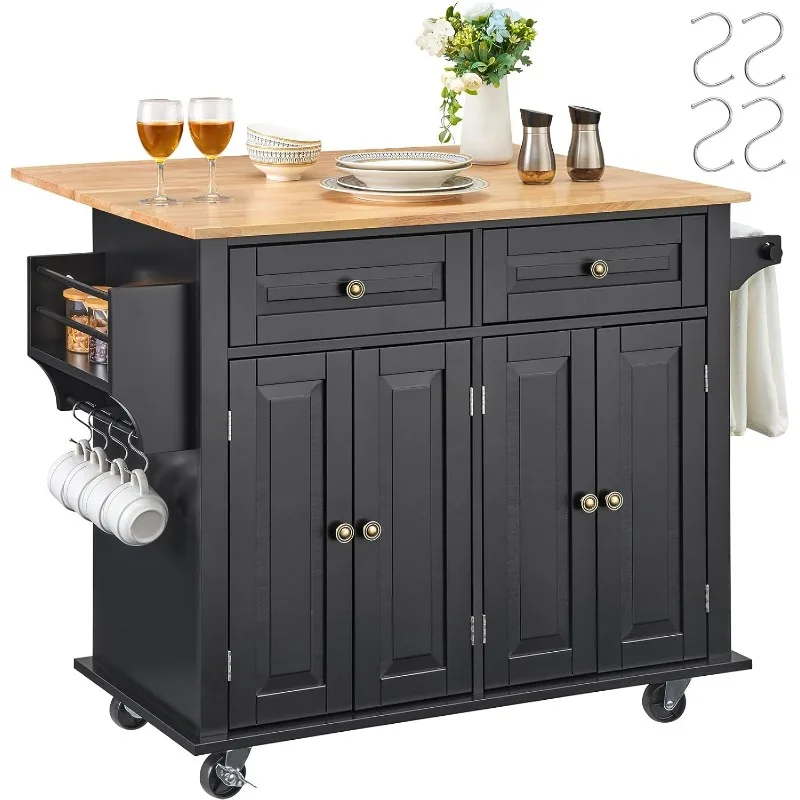 

Kitchen Island Cart with Storage Cabinets, Rolling Table with Drop-down Board, Spice Rack, Towel Bar, Adjustable Shelves