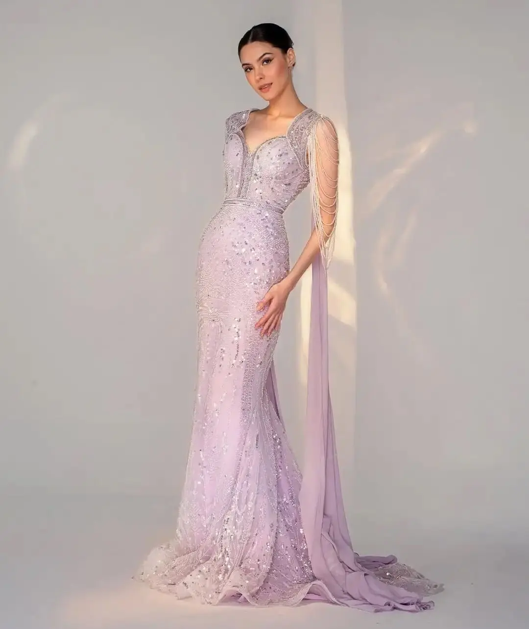 

Ofherown Lavender Bead Sequin Mermaid Evening Dress with Tassel Sleeve Elegant Prom Gown with Chiffon Train for Women Customized