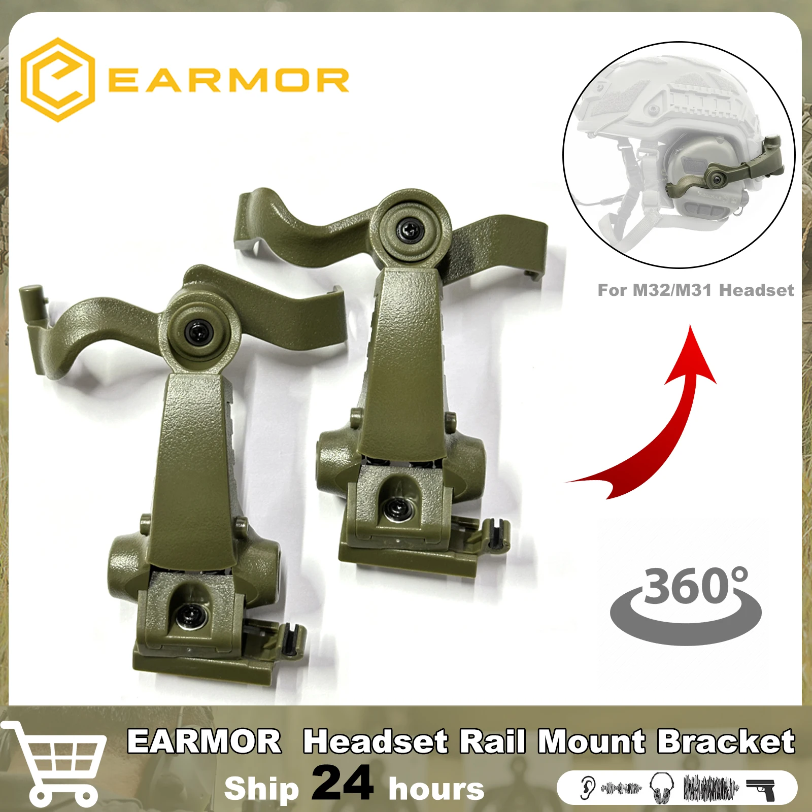 EARMOR M16C Headset Swing Bracket 360°Rotation Ops-Core Helmet ARC Rails Adapter for Earmor M32 / M31 / M32H / M31H Headset