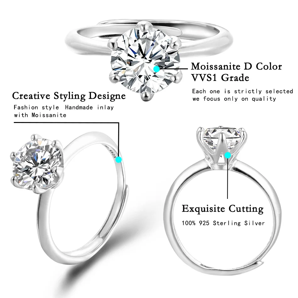BLUEENCH D VVS1 Moissanite Solitaire Adjustable Rings for Women Classic Engagement Wedding Band GRA Certified 925 Sliver Ring
