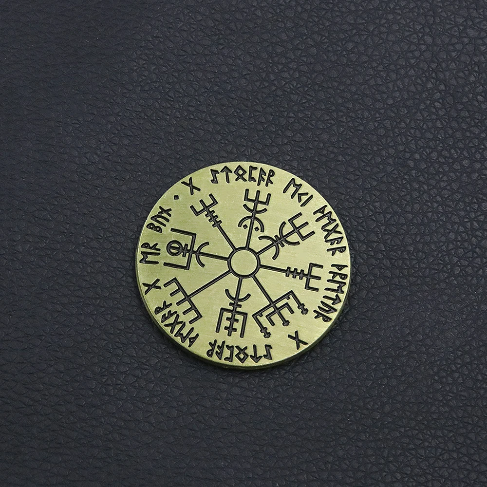 Nordic Vegvisir Viking Compass Coin Magical Rune Staves Numbering Coins Collection Talisman Souvenir Ornament