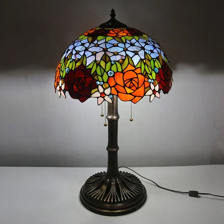 

16 Inch European Stained Glass Red Rose Style Tiffany Table Lamp With Copper Base
