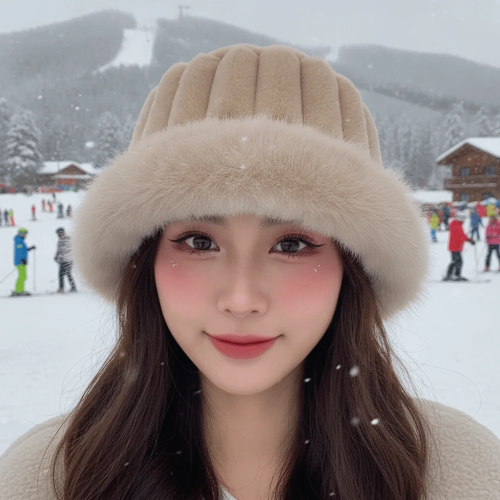 Vertical Texture Striped Fur Hat Fleece Lining Faux Fur Brim Puffy Bucket Cap Windproof Soft Trapper Hats Commuting