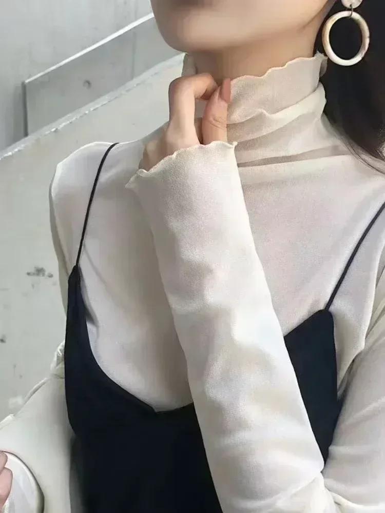 High Neck Sheer Mesh Top Women Clothing Long Sleeve Turtleneck T-shirt Korean Sexy See Through Black White Beige Shirt New image 2
