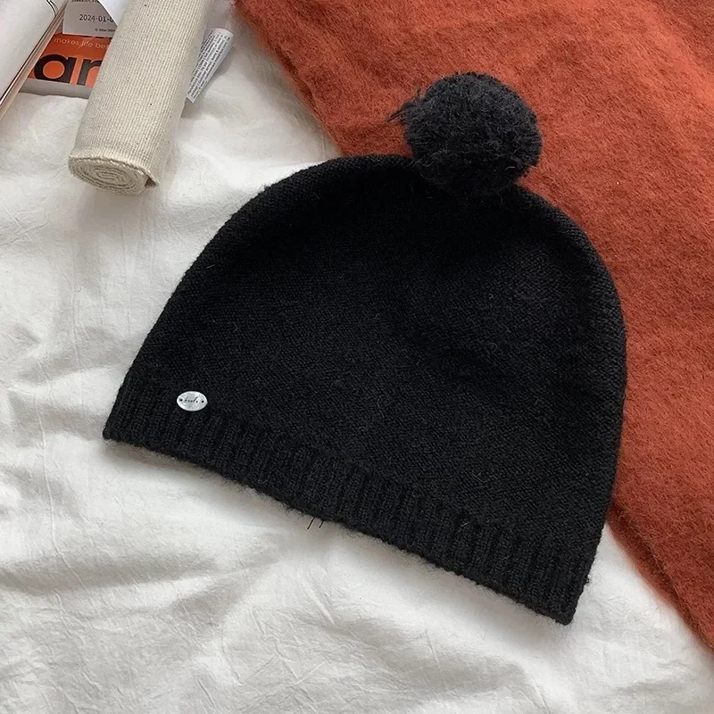 Winter Atmosphere Niche Simple Solid Color Knitted Hats for Women Outdoor Leisure Warm Versatile Cute Pom-pom Beanies Cap image 6