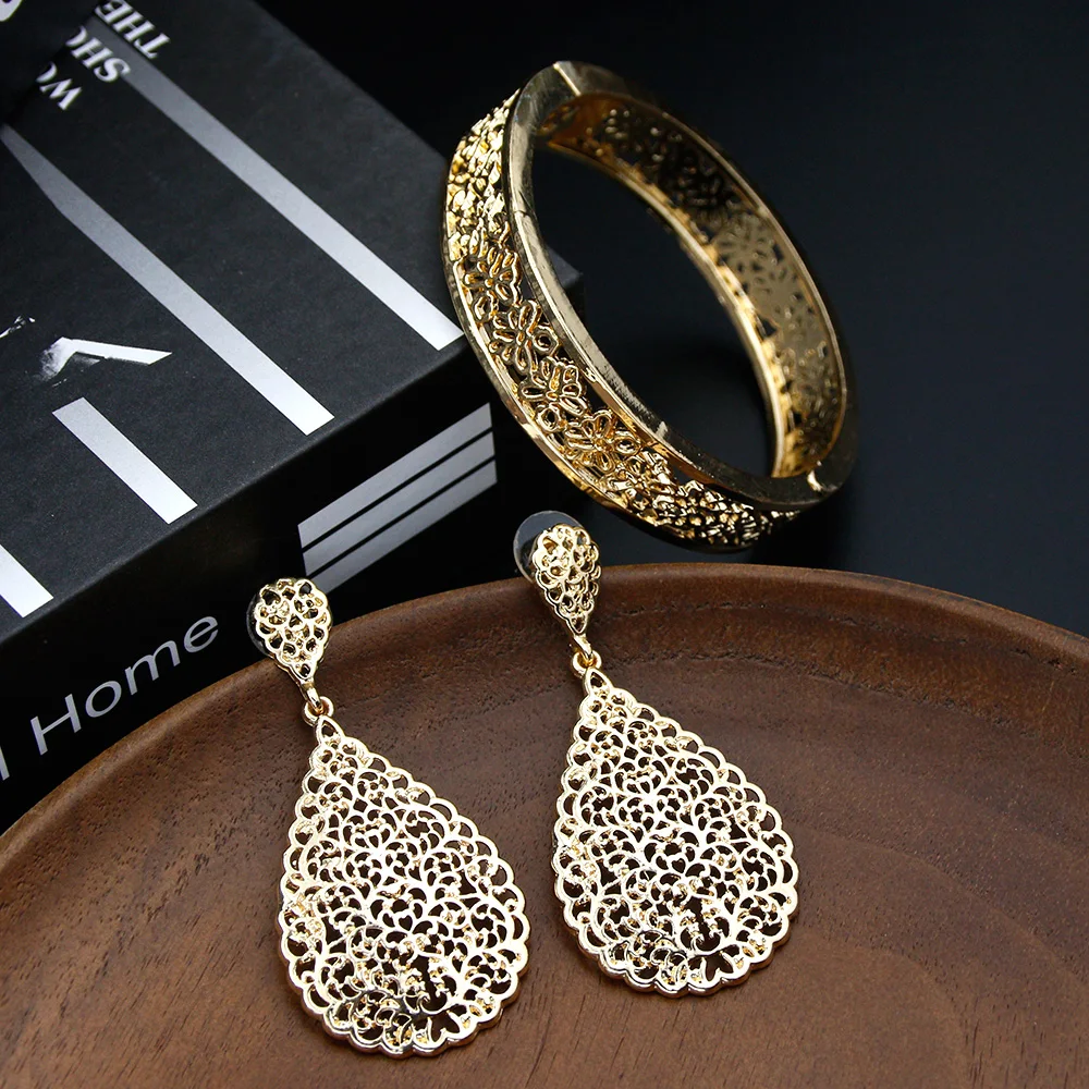 Sunspicems Chic Gold Color Bangle Earring Set Arabic Muslim Wedding Jewelry Luxury Bridal Drop Earring Algeria Brand Bijoux Gift