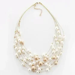 FSUNION 2025 New Gold Color Multi Layer Chains Imitation Pearl Necklaces For Women Party Wedding Bride Fashion Jewelry Necklace