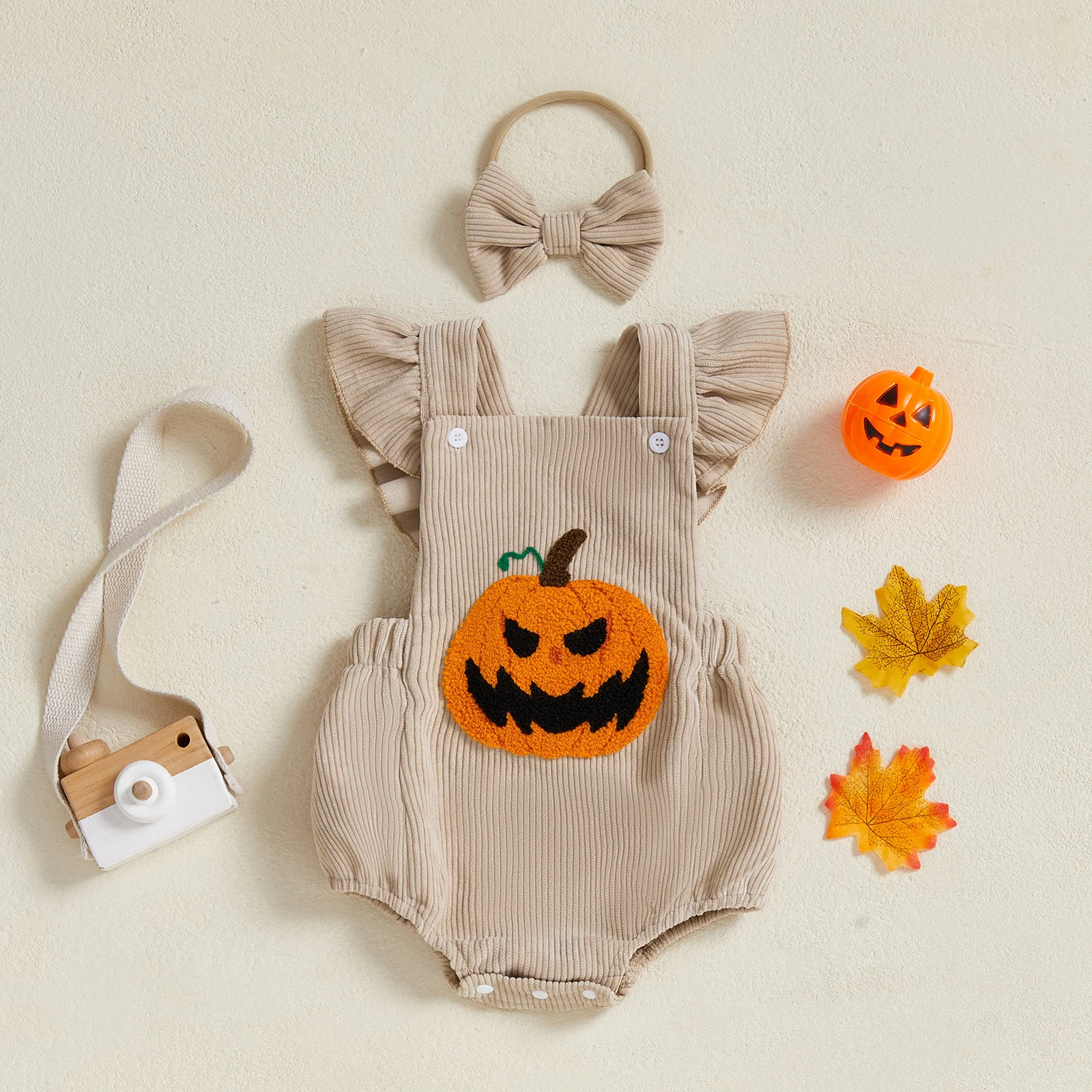 

Lioraitiin Baby Girl Halloween Outfit Pumpkin Embroidered Flying Sleeve Corduroy Overall Romper and Bow Headband 2Piece Set