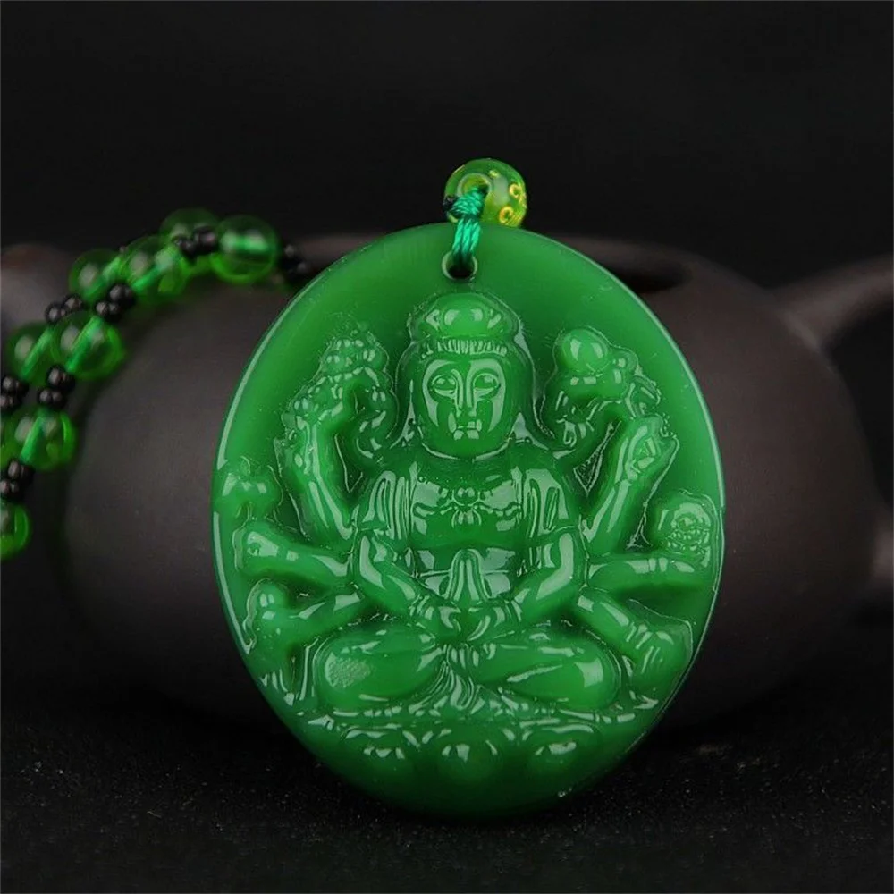 Charm Green Jade Hand-Carved Thousand Hand GuanYin MaZu Stone Jade Pendant Chinese Amulet Necklace Lover's Lucky Jewelry Gift