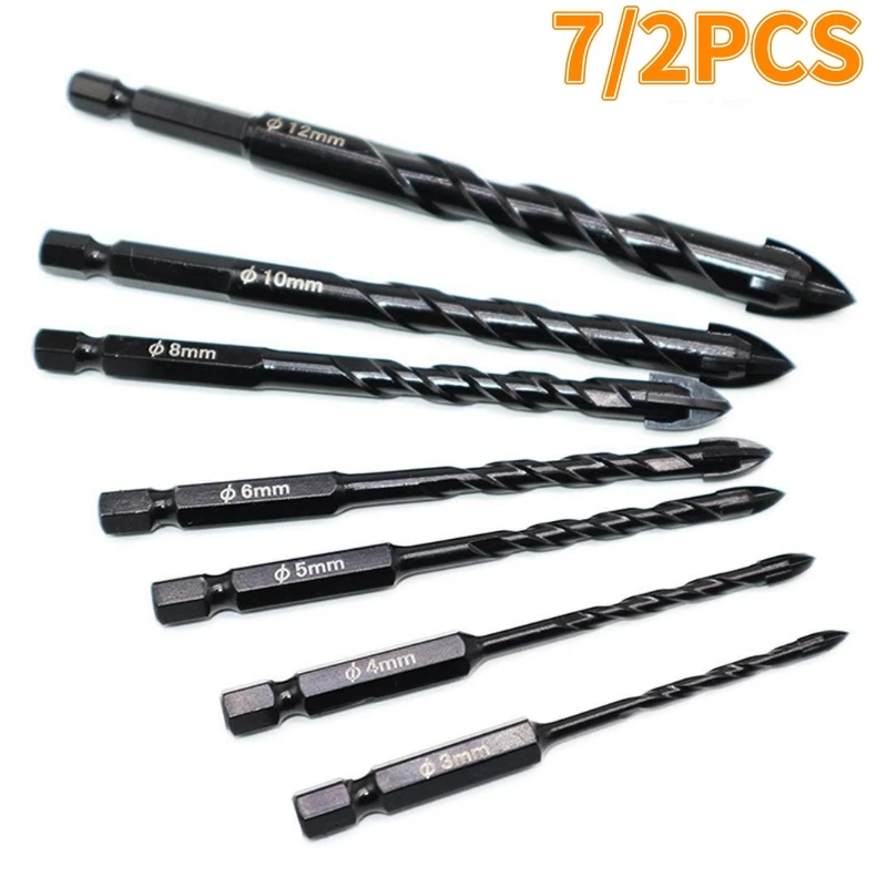 7/2PCS Cross Hex Tile Drill Bits Glass Drill Bit Ceramic Concrete Hole Opener Alloy With 4 Cutting Edges 3-12mm Drill Bit Set