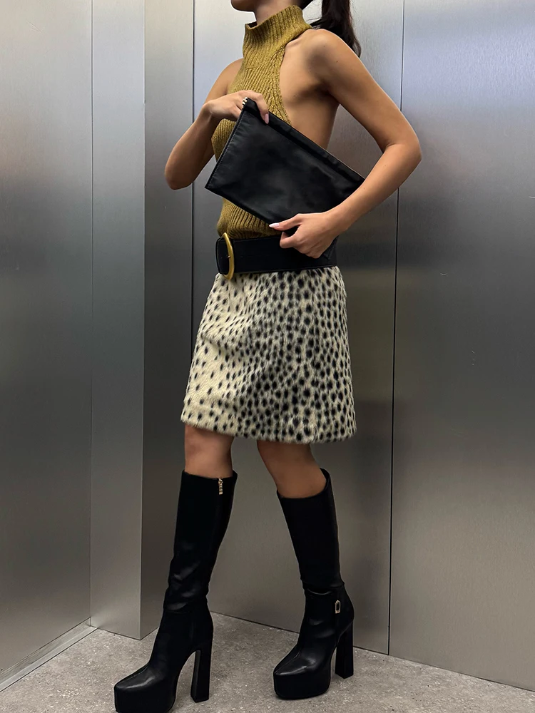 2026 Autumn Winter Fashion Leopard Printed Women's Skirts Faux Fur Mid-Waist Lady Straight Skirt Female Bottoms New