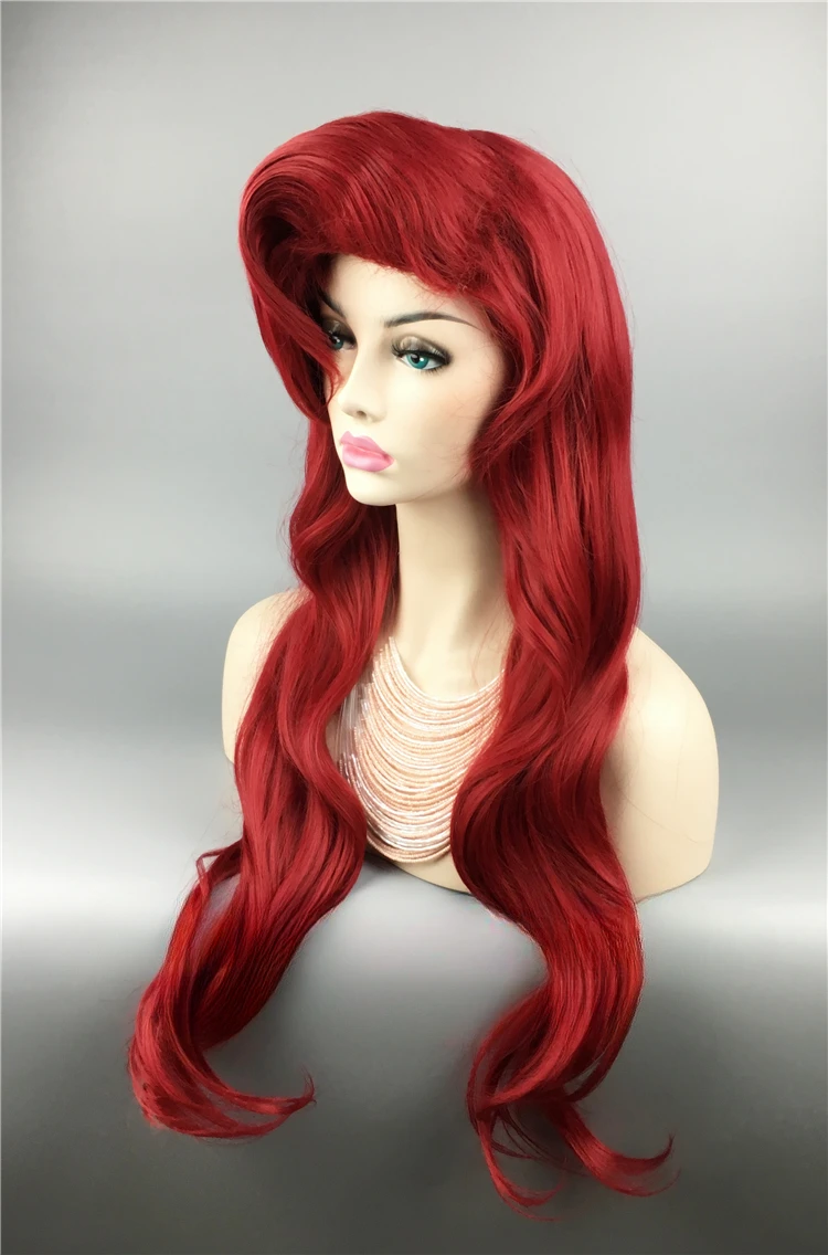 70cm Wig merah duyung kecil tubuh rambut palsu bergelombang sintetis Wig Cosplay putri Ariel Wig peran bermain kostum