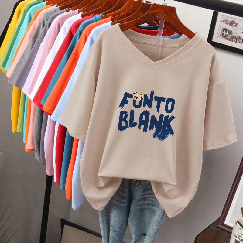 เสื้อยืดคอวีผ้าฝ้ายแท้ทรงหลวมขนาดพลัสสำหรับผู้หญิงแฟชั่นฤดูร้อนเกาหลี Sle f Sve Body Slimming Top