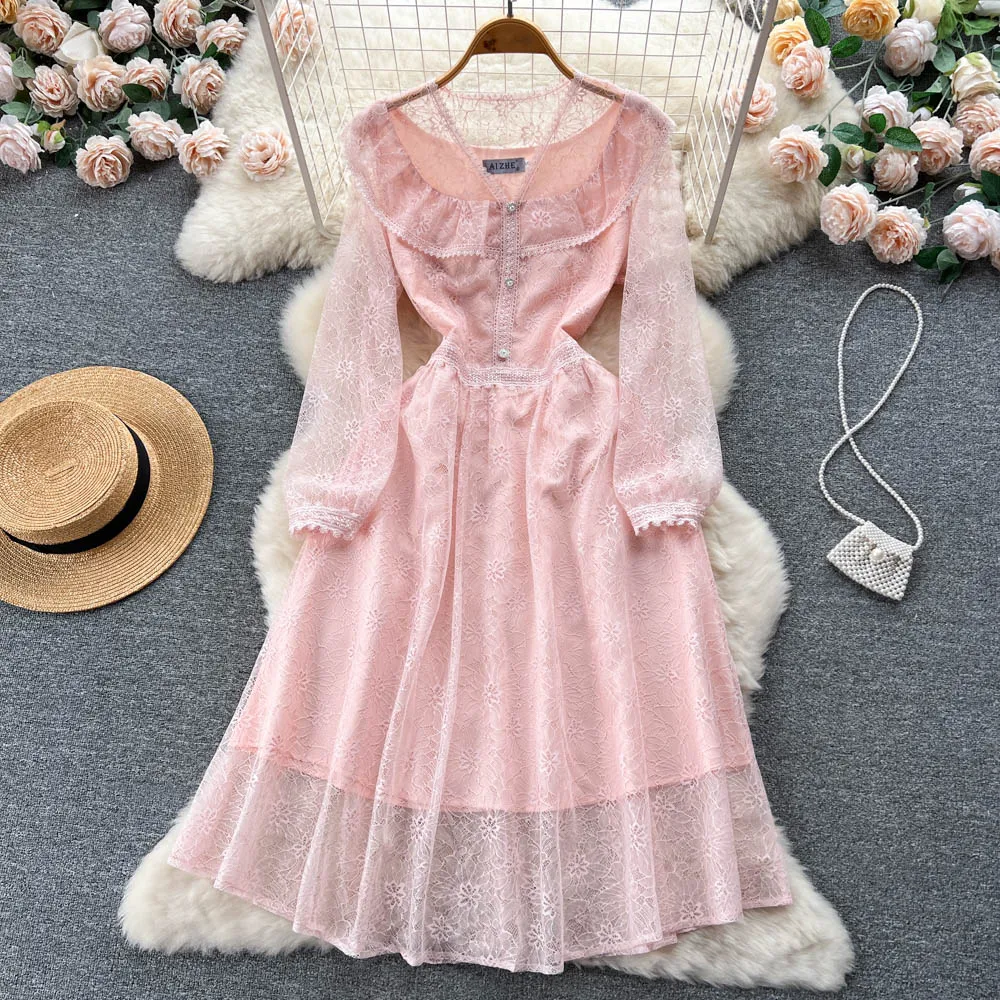 

2023 New Elegant Women V Neck Pink Lace Pearl Button Dress Sweet Fashion Spring Ruffles Flower Embroidery Hollow Out Midi Vestid