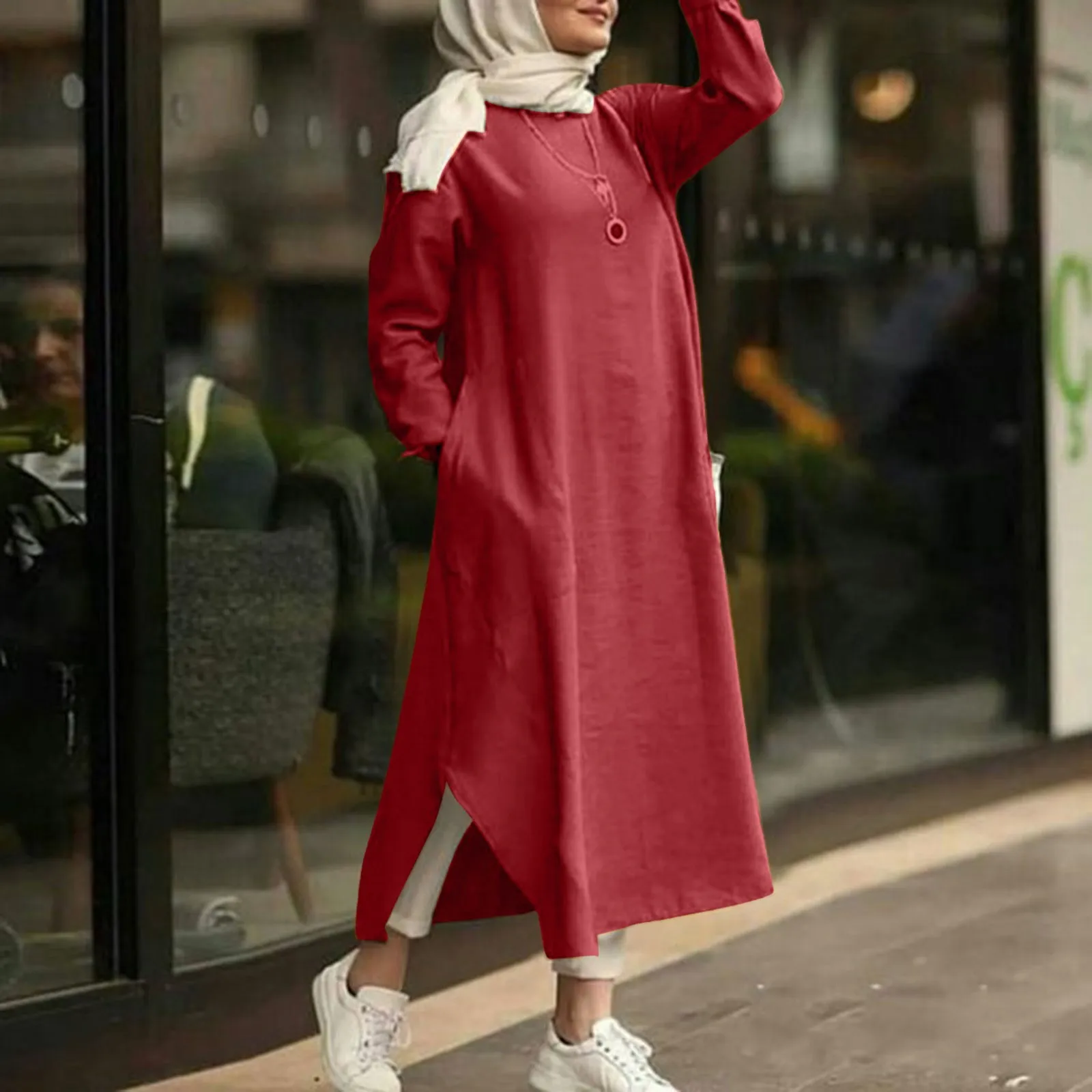 2024 Kaftan Muslim Maxi Dress Women\'s Islamic Sundress Long Sleeve Vestidos Female Casual Solid Robe Femme