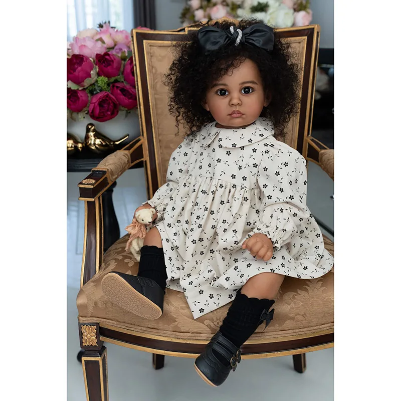 

24Inch 60cm Julieata Soft Silicone Vinyl Reborn Toddler Girl Dark Skin Doll with Hand Rooted curly Hair
