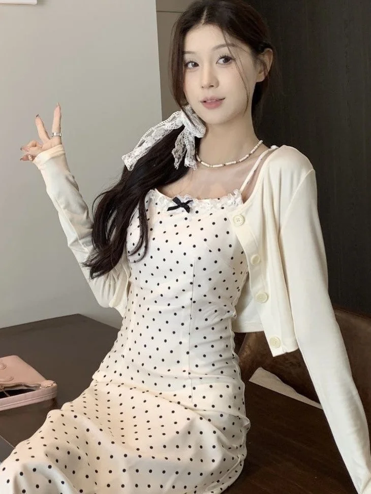 

Summer Polka Dot Dr with Sa Knot Waist Cinching Two Piece Set Women's Faionable Casual Sle Polyester Fiber