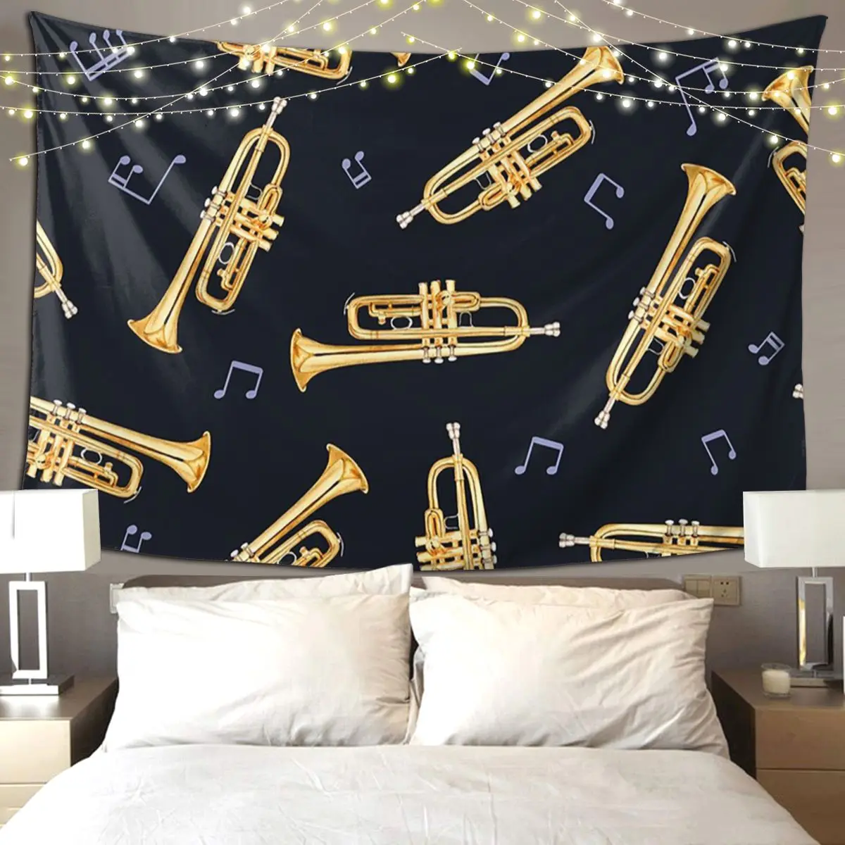 Gold Trumpet On Black Tapestry Hippie Wall Hanging Aesthetic Home Decoration Tapestries for Living Room Bedroom Dorm Room