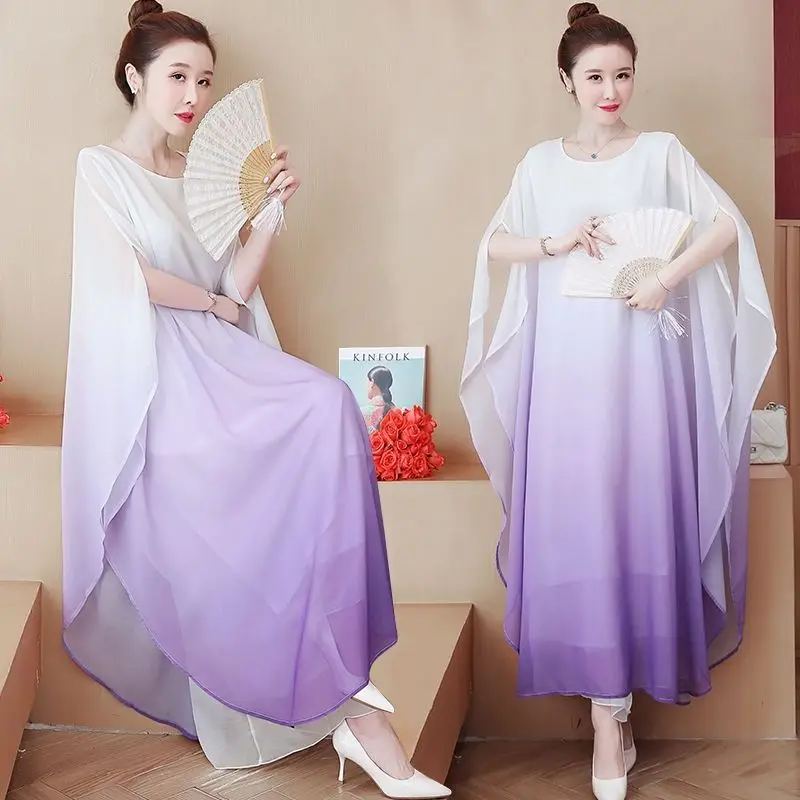 Large Size Women Loose Dress 2026 New Summer Sleeveless Gradually Changes Color Long Dress Ladies Elegant Chiffon Dance Vestidos