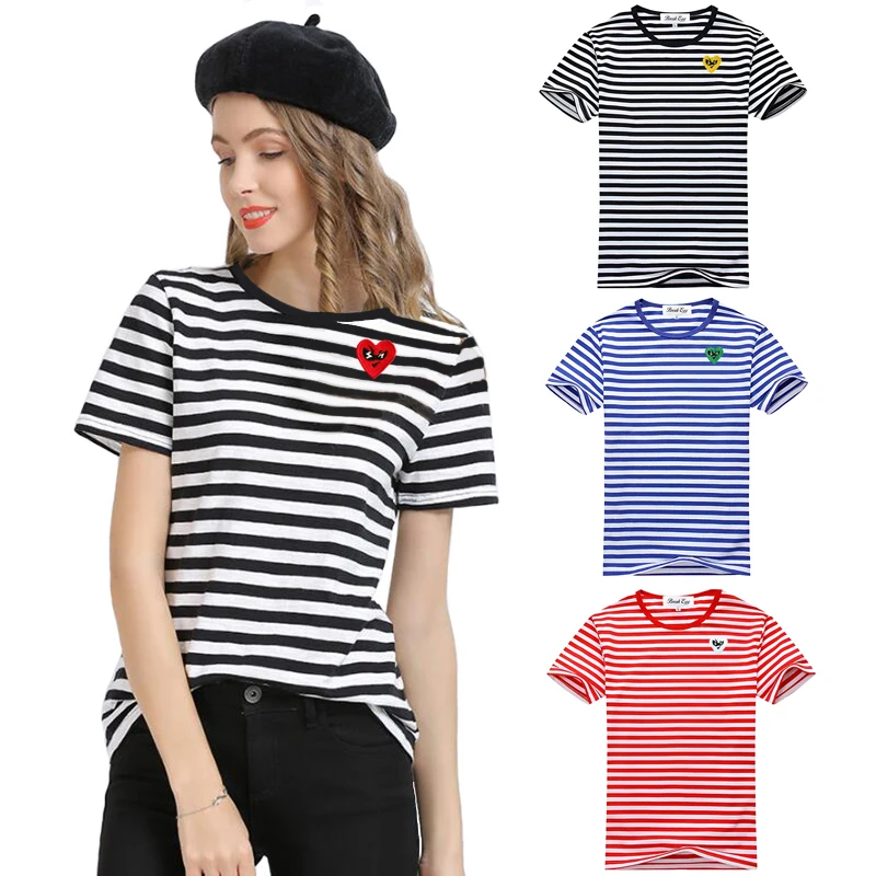 

Break Egg Women Stripe T-Shirt Cartoon Cute Glasses Heart Embroidery Cotton Short Sleeve O-Neck Summer Two-tone T-Shirt