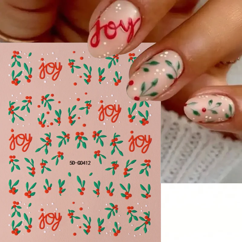 1pc 赤緑クリスマスヒイラギの葉ネイルアートステッカー喜びクリスマスネイルデカール冬新年ホリデー用品ネイルチャーム装飾
