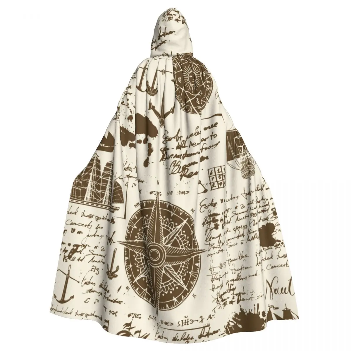 Adult Cloak Cape Hooded Old Manuscript With Caravels Wind Rose Anchors Medieval Costume Witch Vampire Carnival Party