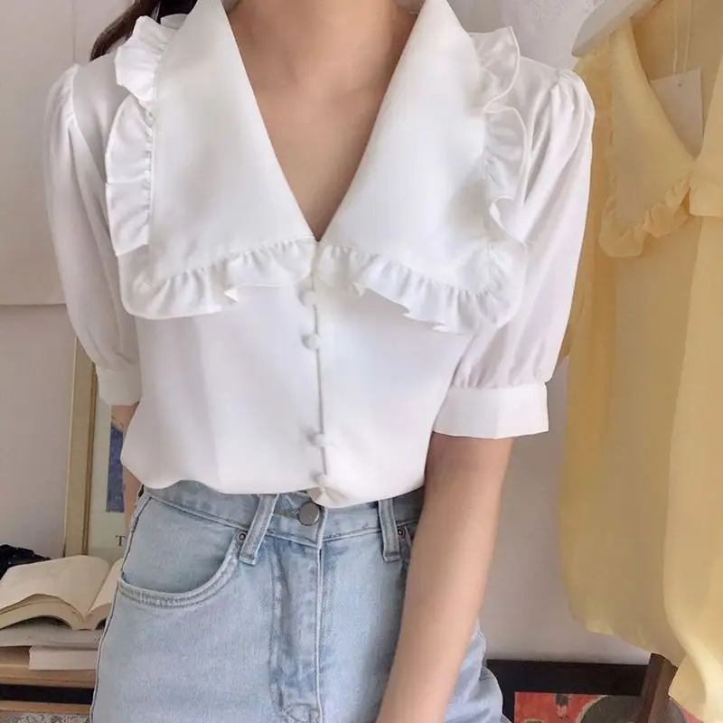 Korean Chic Peter Pan Collar Chiffon Blouses Women\'s Summer New Solid Loose Short Sleeve Edible Tree Fungus Button Shirts Tops