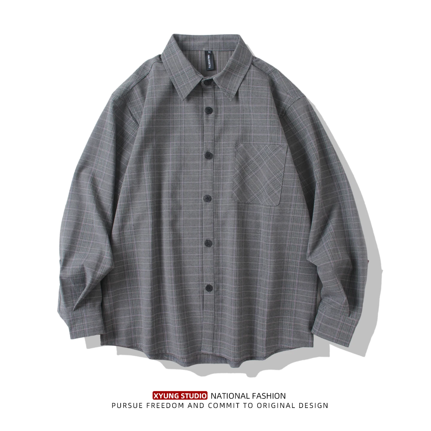 

Мужская повседневная свободная универсальная клетчатая одежда в стиле ретро в японском стиле Long Sve в клетку с отложным воротником