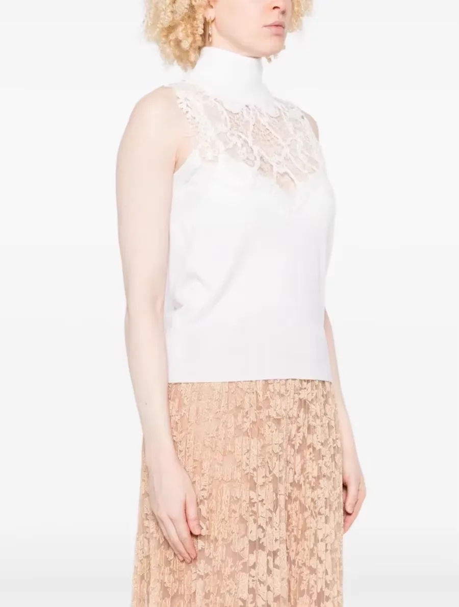 Designer Wool Sleeveless Sweater Women French Floral Lace Embroidered Top High Neck Solid White Black Knit Vest