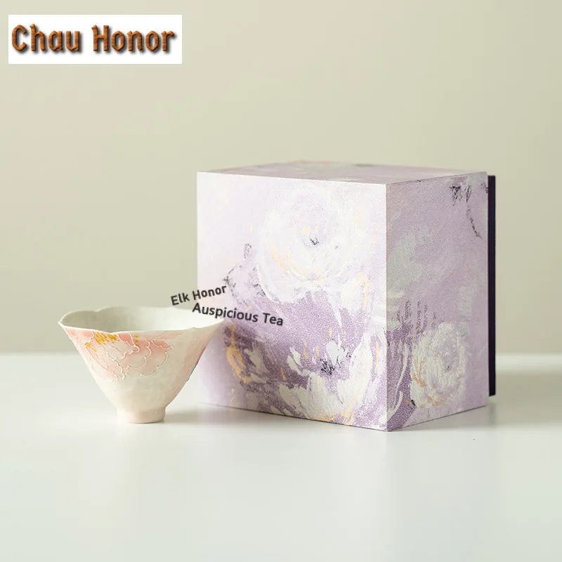 

75ml Light Pink Spring Paper Peony Hat Teacup Luxury Tea Bowl Tea Cup Set Tea-tasting Fragrance Cup Jianzhan Master Cup Teaset