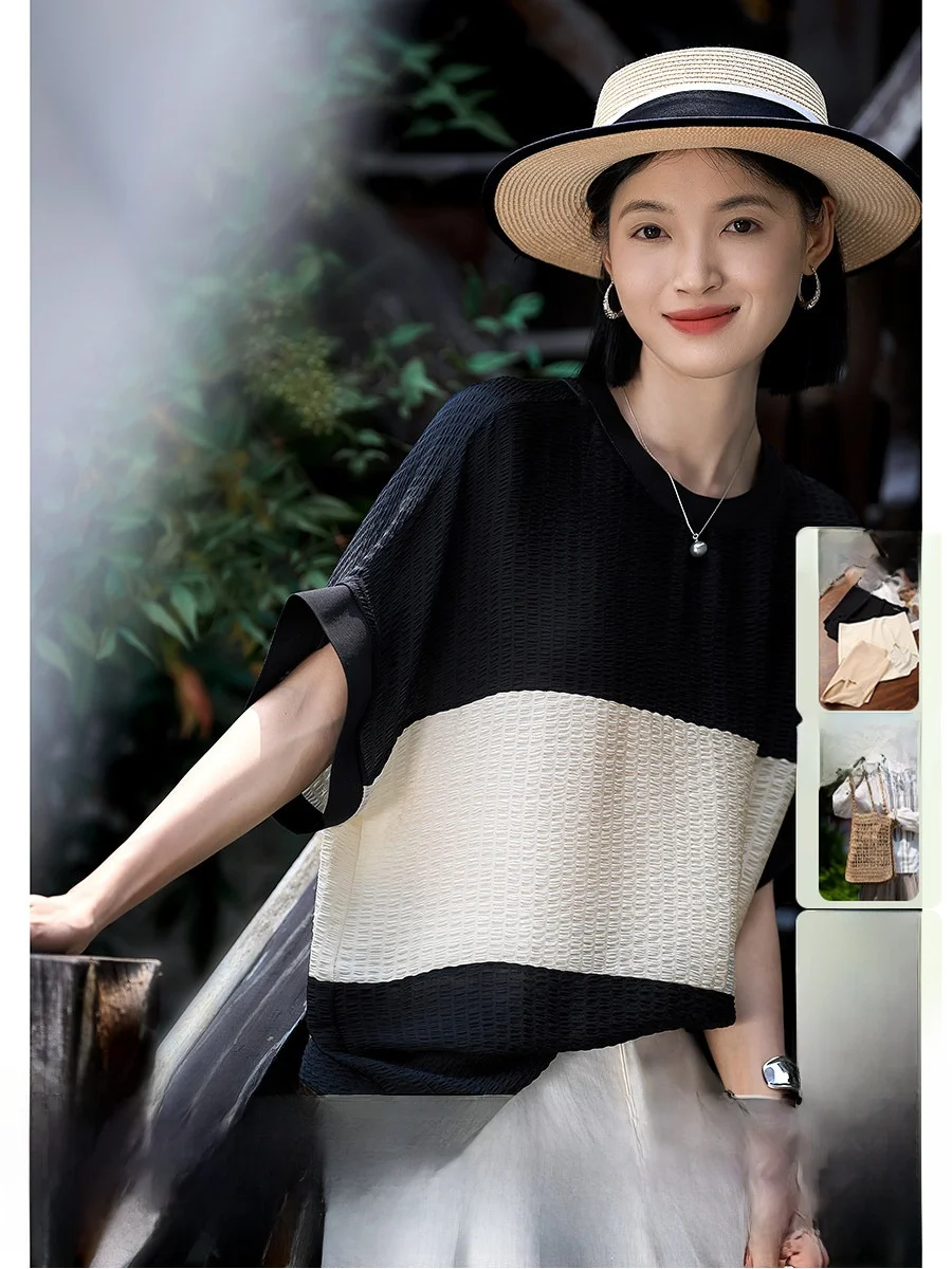 

Модный повседневный шелковый топ Xhange Ge Steel Piano, летняя новинка, дышащий, свободного кроя, с круглым вырезом, короткий рукав, женский