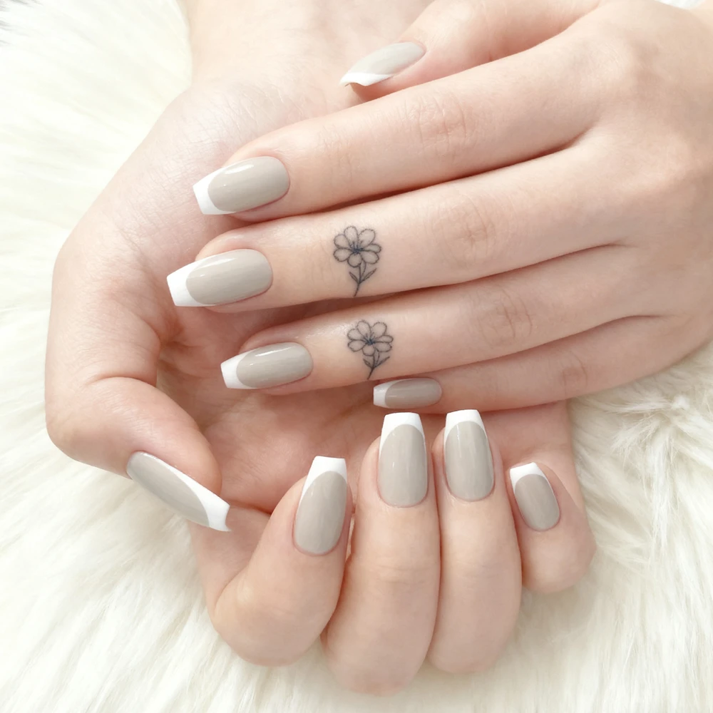 

Acrylic Fake Nail With Glue For Woman Shiny Grey French Tips Press On Nails Short Ballerina Coffin Shaped Manicure Tools