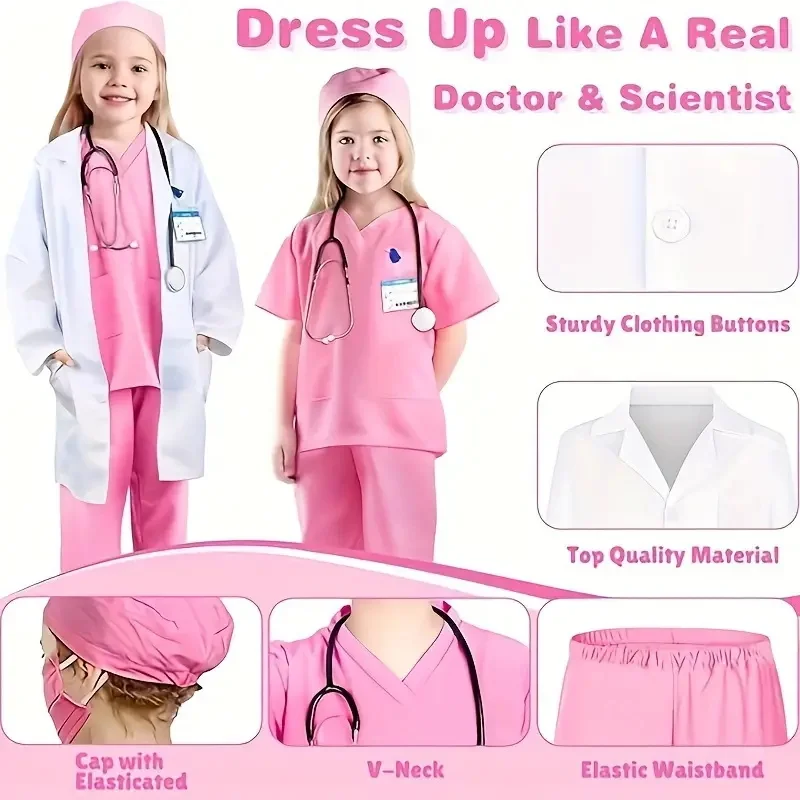 Crianças topo + calças + casaco + acessórios 9 pçs ternos com estetoscópio real para crianças esfrega traje de halloween meninas meninos médico vestir-se