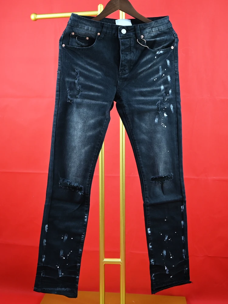 

Purple ROCA Jeans Black Label Low Raise brand high Street Daily Skinny Worn Light Indigo Blowout Men Denim Jeans PANTS