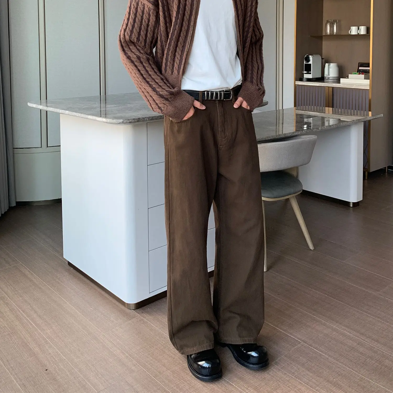 Korean Popular Clothes Retro Niche Solid Color Loose Straight Jeans Street Fashion Trousers Baggy Coffee Jeans Luxury Men