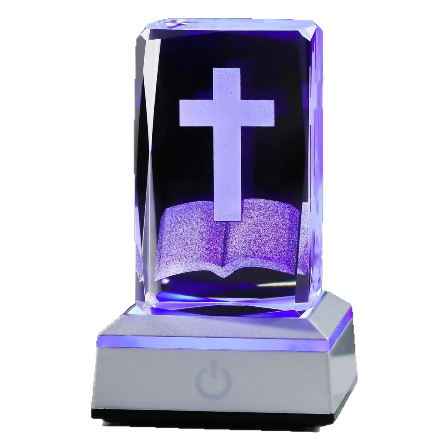 Christian Cross Open Bible 3D Engraved Crystal Block Night Light Color Changing LED Base Religious Souvenir Gift