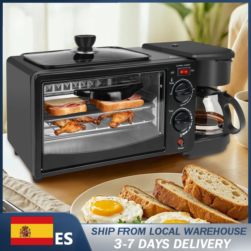 Máquina de Desayuno 3 en 1 para el Hogar, 220V, Horno Eléctrico, Tostadora, Sandwichera, Sartén Antiadherente, Cafetera