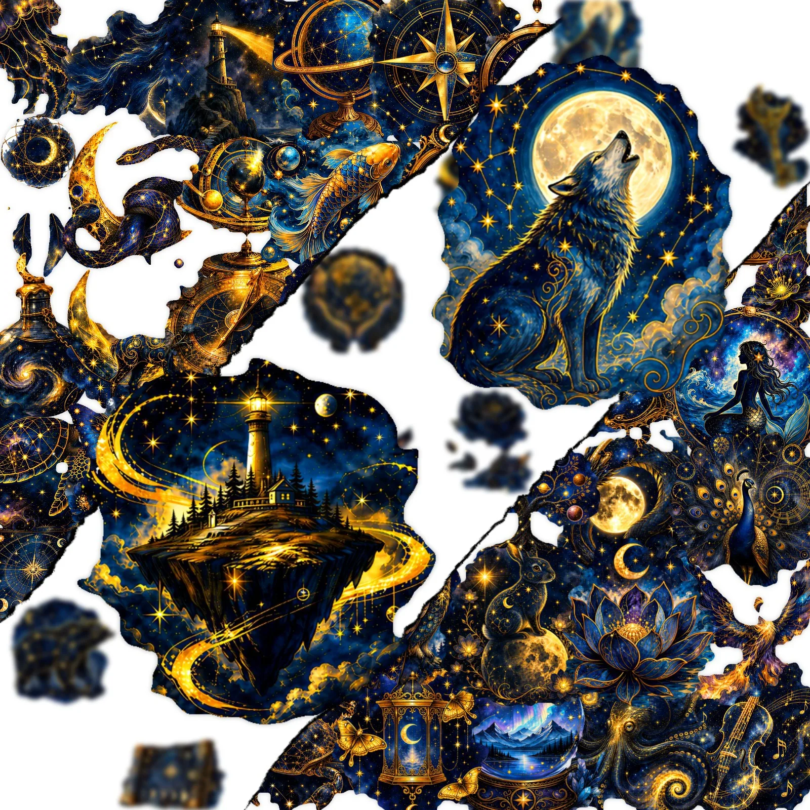 50 PCS Retro Blue Gold Dreamy Universe Celestial Exquisite Stickers Pack Decorate Luggage Helmet Bike Scrapbook Waterproof Decal