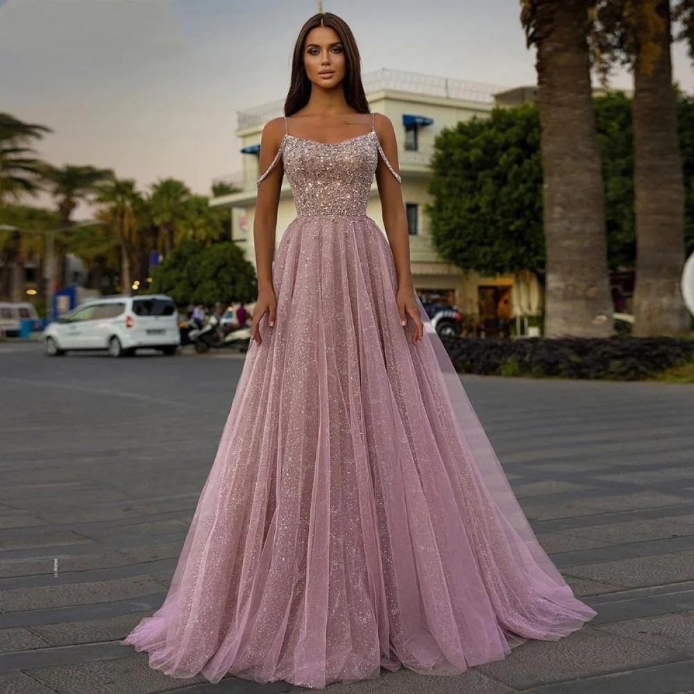 

Shiny Sequins Party Dresses Spaghetti Straps A Line Prom Dress Tulle Vintage Evening Dress New Arrival Prom Gowns فساتين سهرة