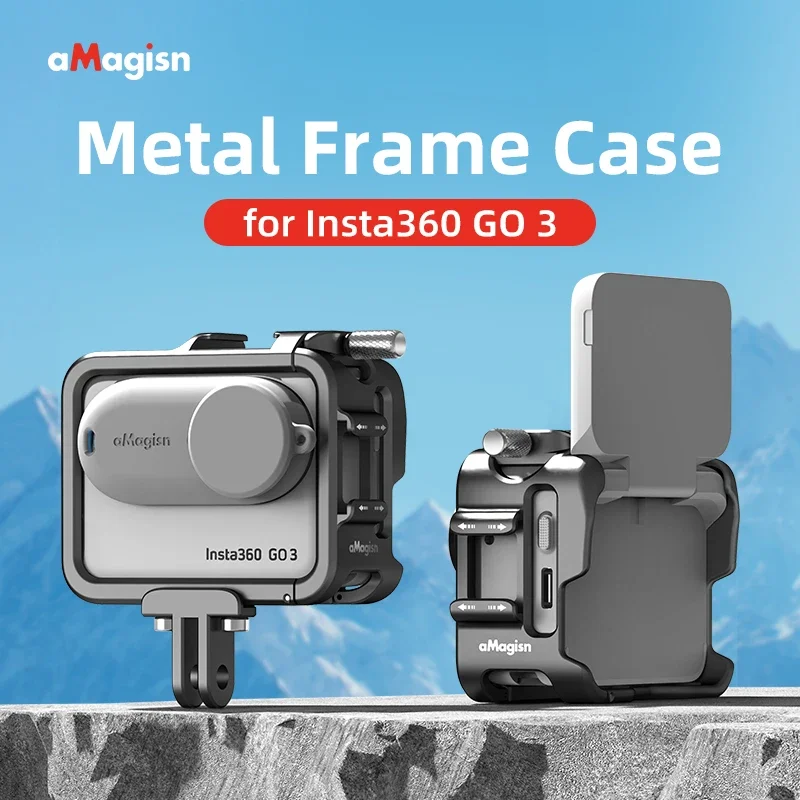 aMagisn Aluminum Frame Cage with Lens Cap for Insta360 GO 3S,Metal Housing Case with Cold Shoe Mount,Insta360 GO3S Accessories