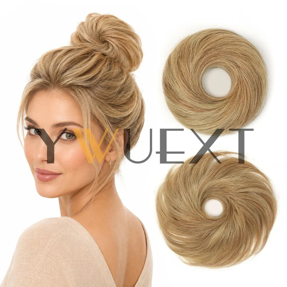 1pc Human Hair Bun Extension Donut - Natural Black Tousled Wavy Updo, Stretchy Fluffy Clip-In for Women, Easy-to-Style Ponytail Extension for Weddings Parties Everyday, Natural Look Adds Volume & Texture, Ponytail Hair Extensions