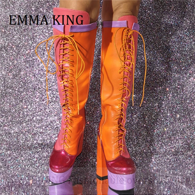 Woman Patchwork Platform Knee High Boots Adjustable Lace Up Chunky Heels Sexy Boots Multicolor Leather Side Zipper Shoes Big 46