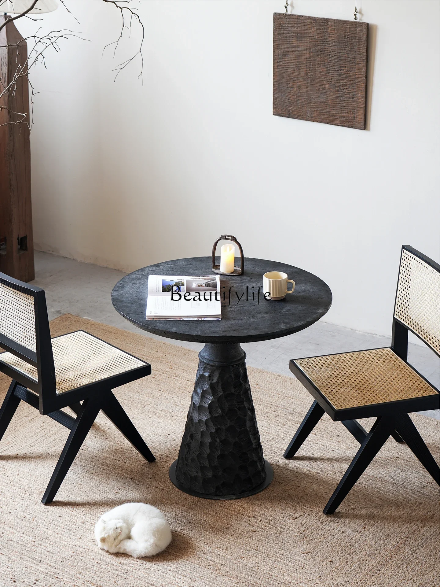 

ls 18Wabi Sand Wind Simple Solid Wood Coffee Table Premium Hotel Small Round Table Corner