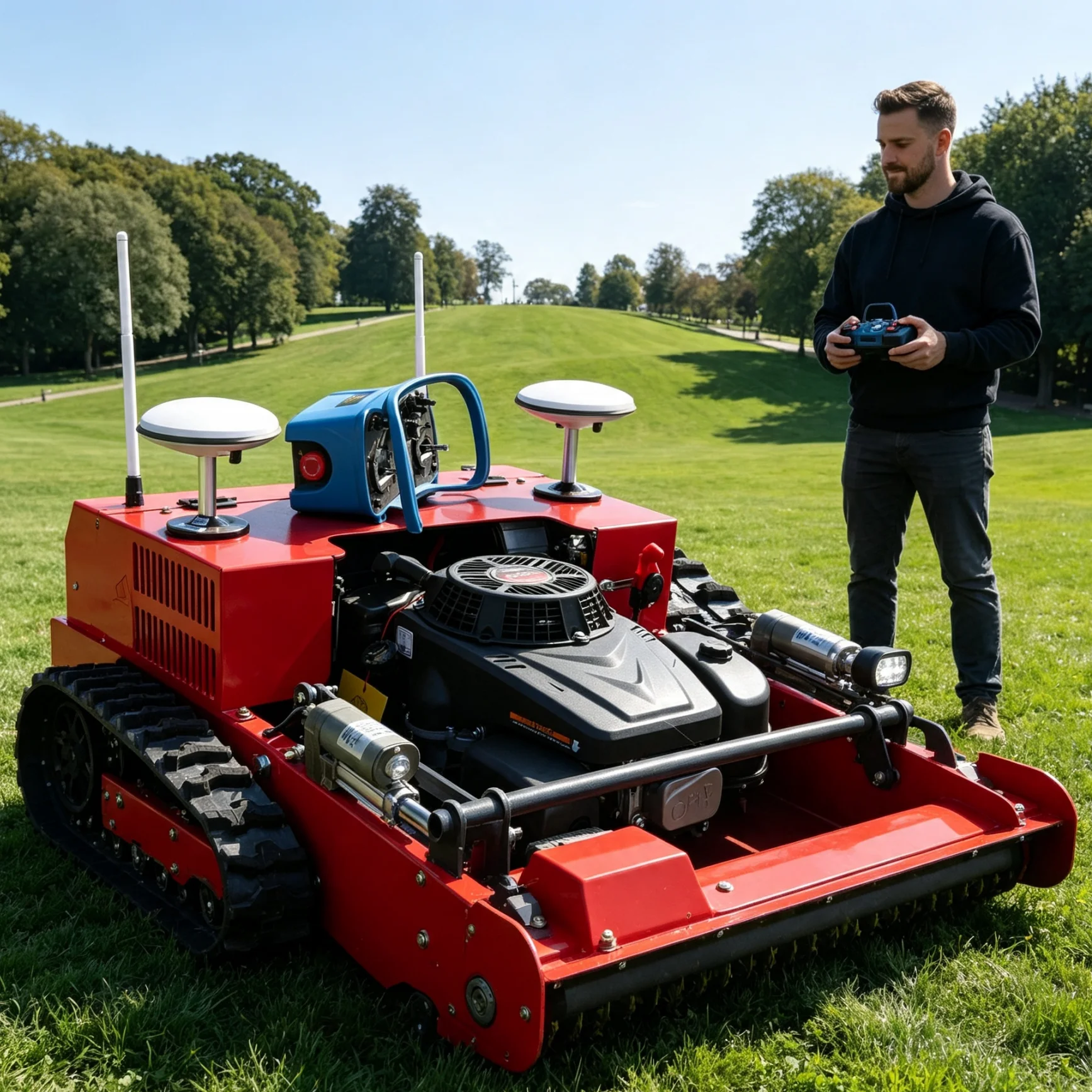 Customized Remote Control Lawn Mower GPS long endurance mowing for wide lawns in rural leisure farm parks.