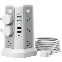 10FT Extension Cord with 12 AC Outlets 5 USB Charging Ports(1 USB C PD18W) PASSUS Surge Protector Power Strip Tower