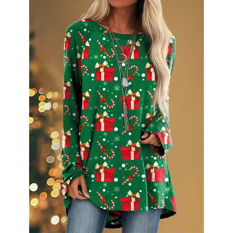 Christmas Gift 3d Print Long Sleeve T-shirt Women Fashion New Year T Shirt Crewneck Long Tunic Tops Women Tshirt Santa Claus